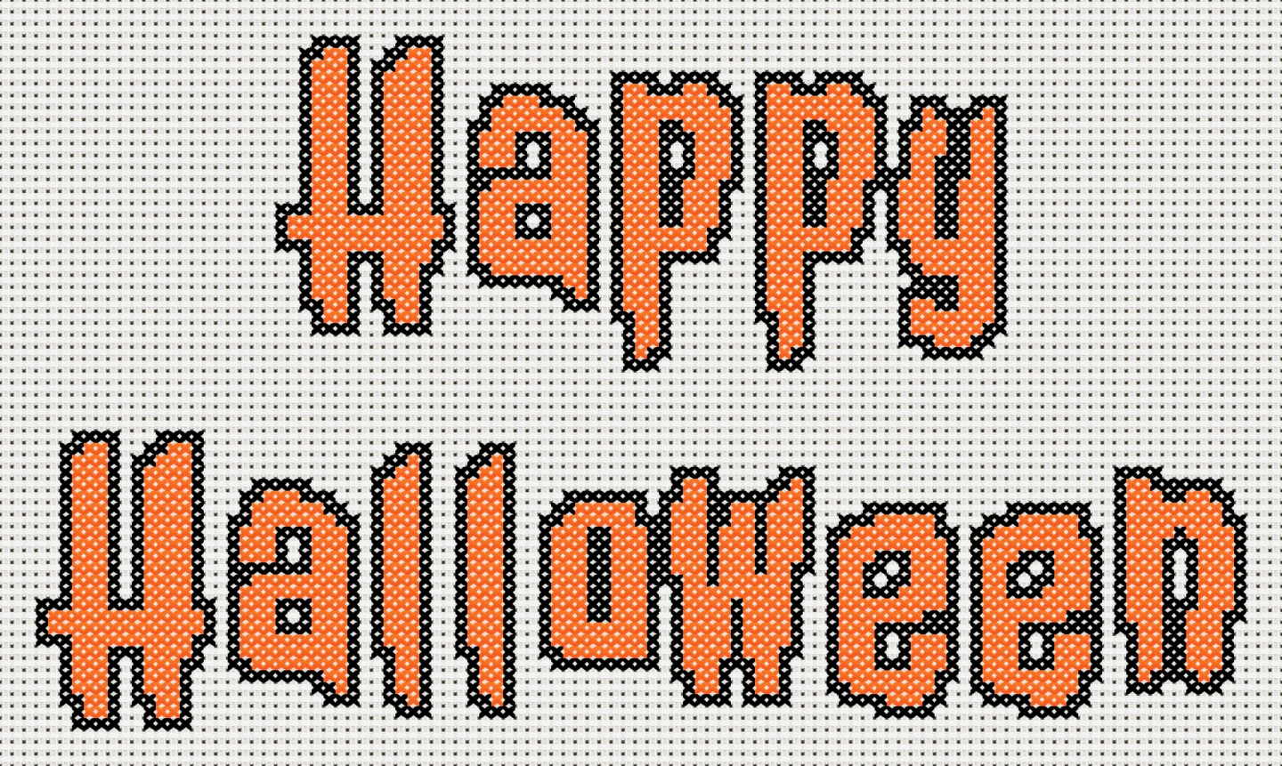 Happy Halloween stitched in orange Jolly Lodger lettering with a black outline